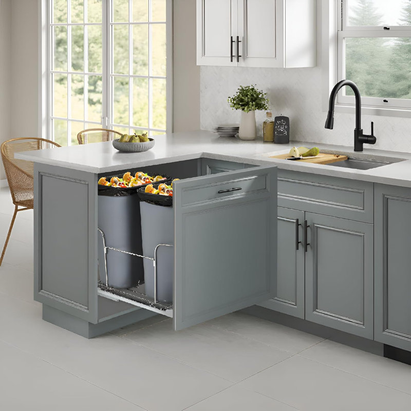 Poubelle coulissante double 2 x 25 pte sous l'armoire, poubelle de recyclage des déchets avec glissières à pleine extension, gestion des déchets écologique, poubelle coulissante pour les armoires de cuisine