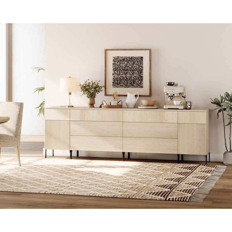Buffet en bois rosé 94,5 "avec station de charge intégrée, armoire de rangement moderne 4-en-1 pour cuisine, salle à manger