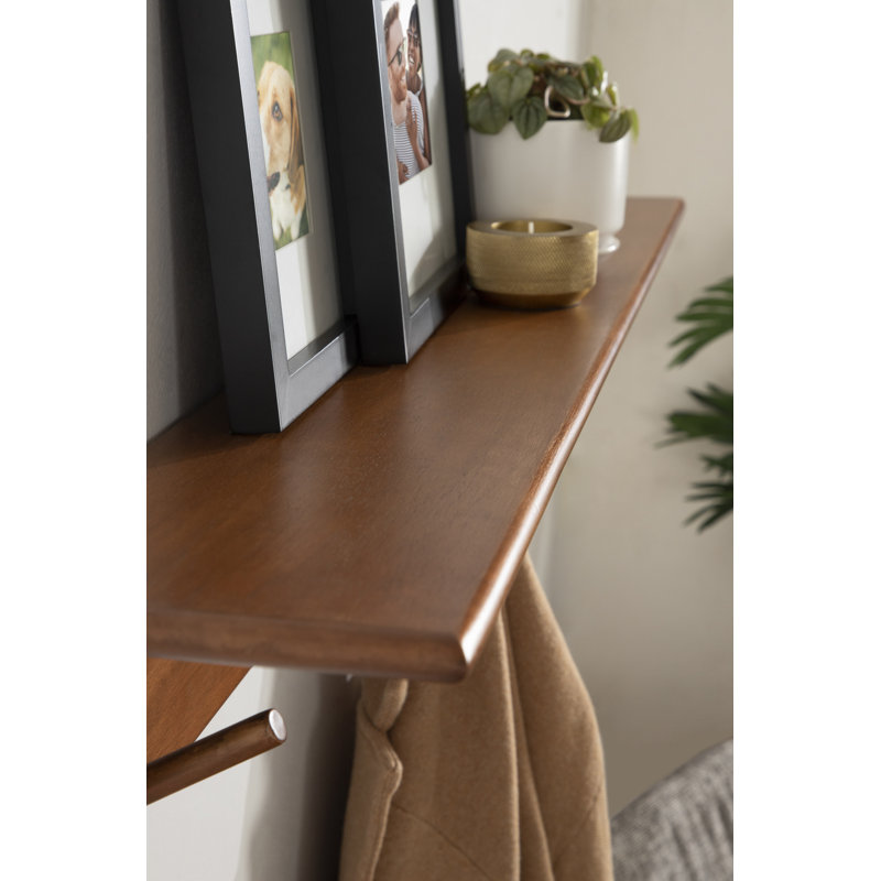 Shea Poplar Solid Wood Floating Shelf with Hooks, Walnut Brown