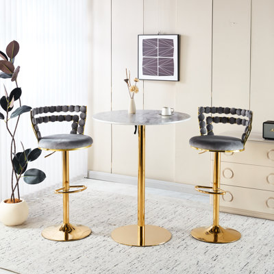 Modern Grey Bar Stools Of 2 With Golden Metal Legs, Soft , For Bedroom Comfortable Iron Ideal Cafe And