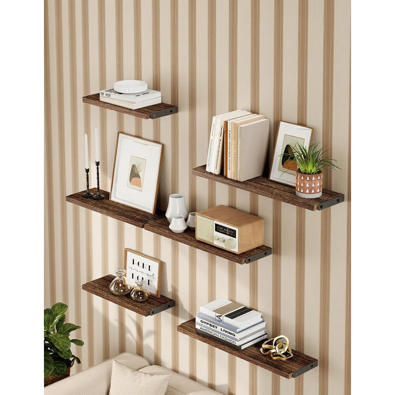 Set Of 6 Wood Floating Shelves For Wall Decor, Rustic Farmhouse Style Storage For Living Room, Bedroom, Bathroom, And Books