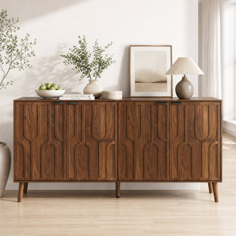 Buffet moderne du milieu du siècle à 4 portes de 140 cm (55 po) avec étagères ajustables, noyer