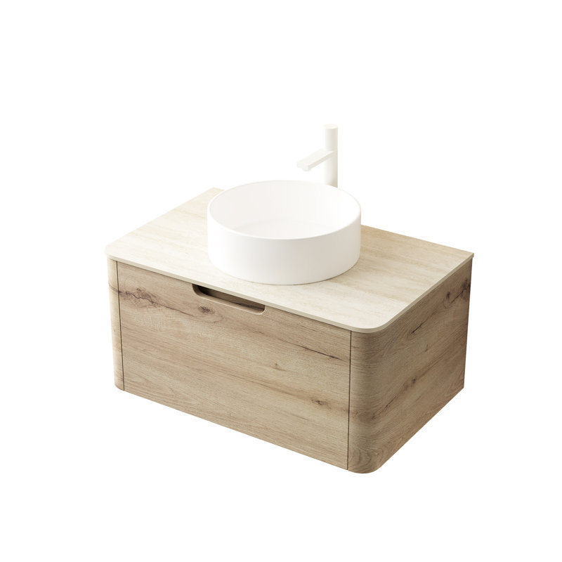 Meuble-lavabo mural de 30 po avec lavabo vasque rond en céramique teinté blanc, plateau en pierre frittée romaine, tiroir d'armoire en contreplaqué et fonction facile à installer, comptoir pré-assemblé à finition chêne,