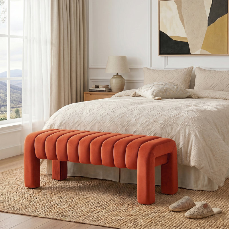 Banc rembourré sans dossier Oyan, H 17 po x l 43,3 po x P 17,3 po, Velours rouille