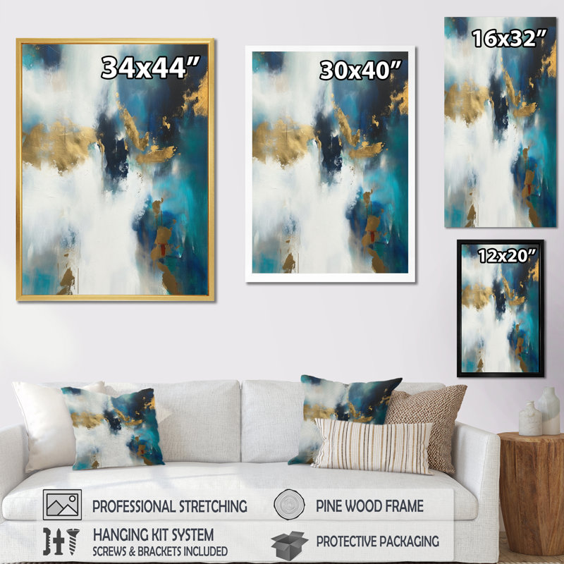 Indigo Awakening abstrait en bleu et or I sur toile, H 20 po x l 12 po x P 1 po, Cadre photo blanc