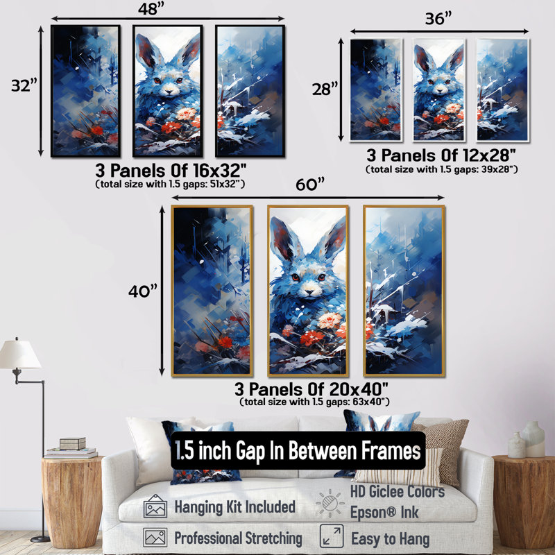 «Blue Rabbit Winter Solitude - Lapin», art mural, H 28 po x l 36 po, Cadre flottant noir