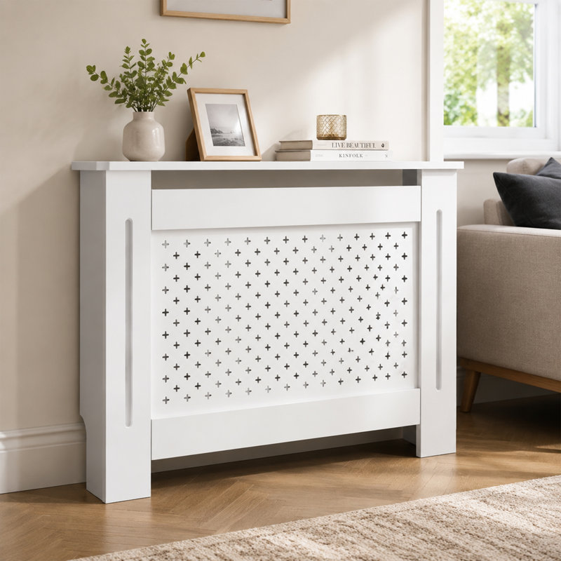 Couvercle de radiateur en panneau de fibres à densité moyenne, armoire chauffante décorative à panneau avant perforé avec tablette supérieure multifonctionnelle, enceinte de chauffage intérieure facile à assembler