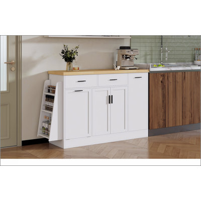 Multi-Functional Storage Sideboard with Sliding Door, Hidden Trash Can, and 3-Tier Spice Rack for Modern Kitchens