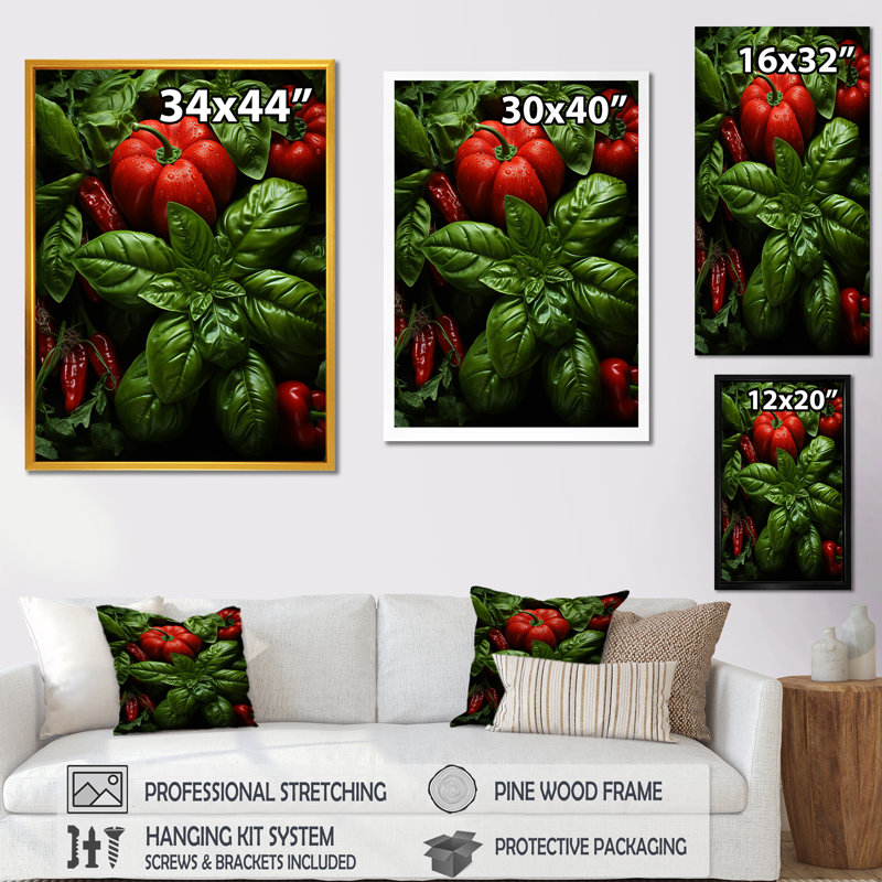 «Herbs Basil Vibrance 3», art mural herbes florales, H 32 po x l 16 po x P 1 po, Cadre simple noir