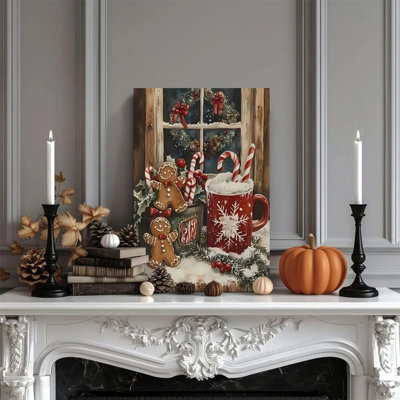 1 piece wall art canvas painting Christmas theme, gingerbread man and candy cane, vintage watercolor style Decorative printed vintage wall poster home decor Modern artwork perfect gift for bedroom and living roomness