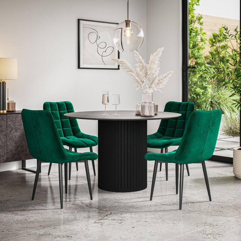 Arlo White Marble Table Top W Oak Legs + Nova Velvet Dining Chair Mustard Set Of 6, Grey/Black, Green/Black, 5