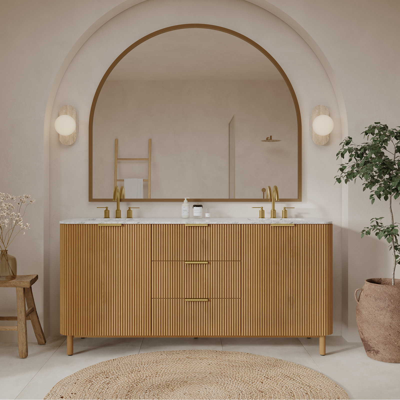Nova 72" Carrara Marble Double Bathroom Vanity, Reeded Birch