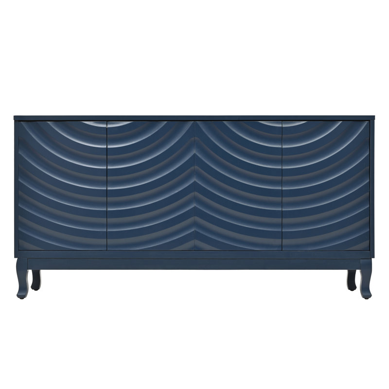 Elegant Navy Blue Sideboard Featuring Sophisticated Wavy Pattern Doors With Arched Groove Design In A Stylish Four-Door Layout,Adjustable, Suitable For Study, Entryway And Living Room