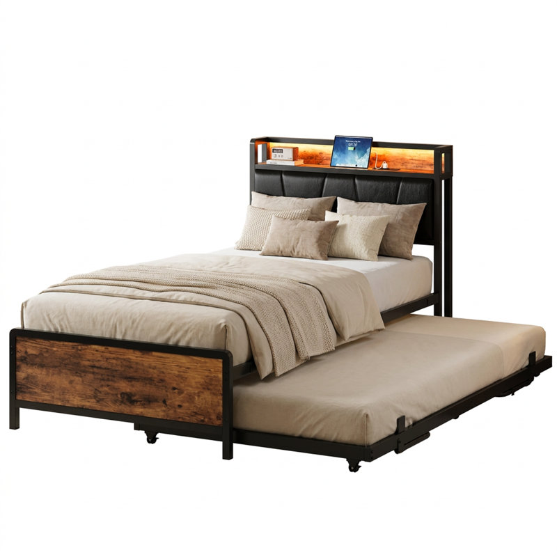 Daybed with Pop-Up Trundle Bed, Upholstered Headboard, Storage Shelf, Locking Wheels, Lights and Charging, Convertible Design for Flexible Sleeping and Space-Saving