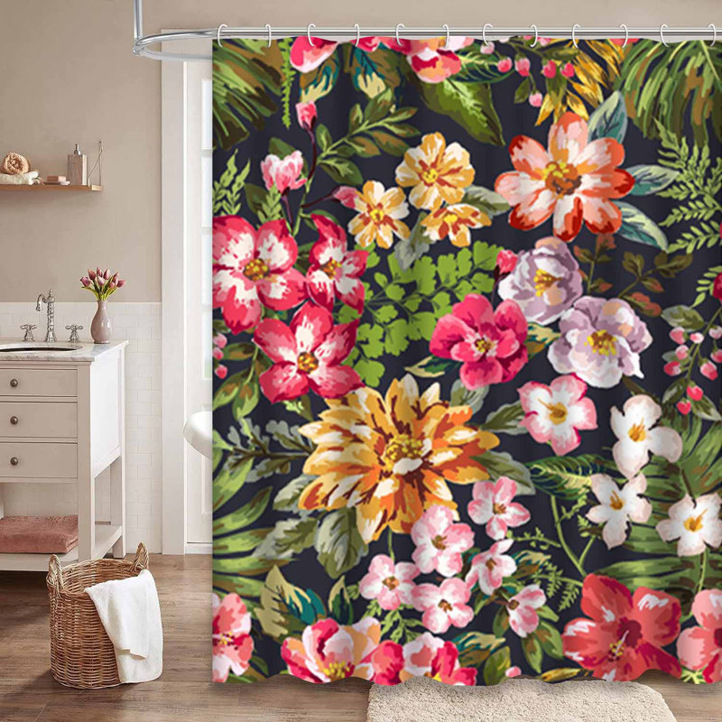 Rideau de douche imperméable avec fleurs tropicales rétro et fleurs hawaïennes avec 12 crochets, L 72 po x l 78 po