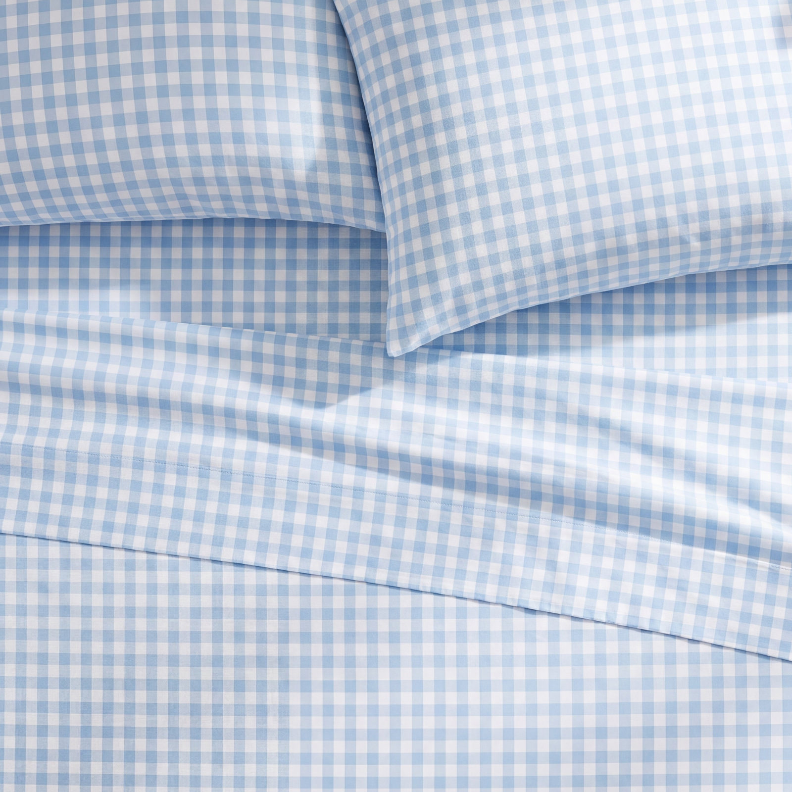 Gingham Cotton Sheet Set, Light Blue Gingham, Twin Sheet Set with 2 Pillowcases