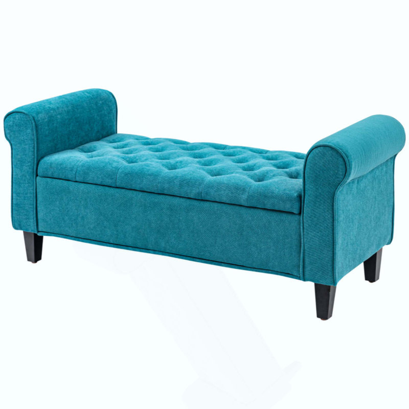 Storage Ottoman Bench, Upholstered End Of Bed Bench With Rolled Arms, Wood Legs, Button Tufted Storage Bench With Safety Hinges For Living Room, Entryway, Bedroom
