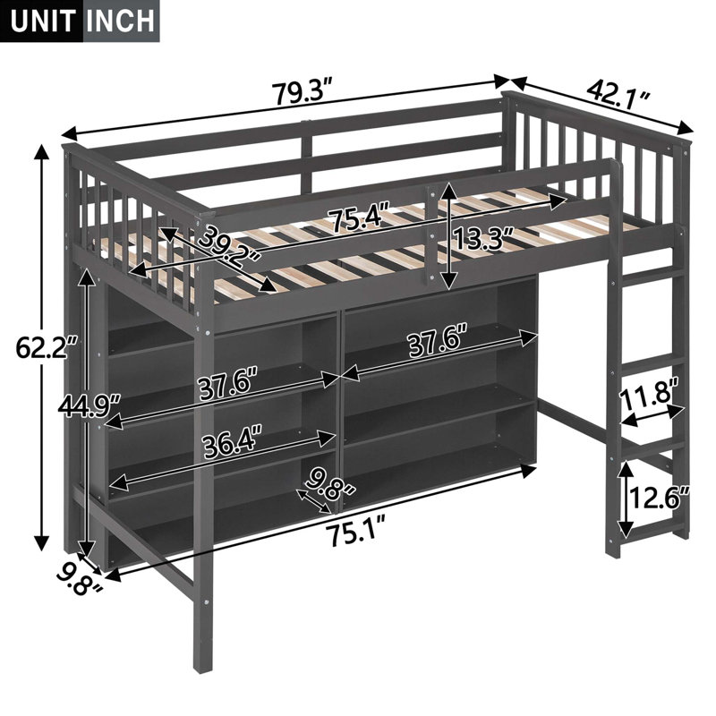 Twin Size Loft Bed with 8 Open Storage Shelves, Built-in Ladder, and Comprehensive Guardrails, Antique Grey