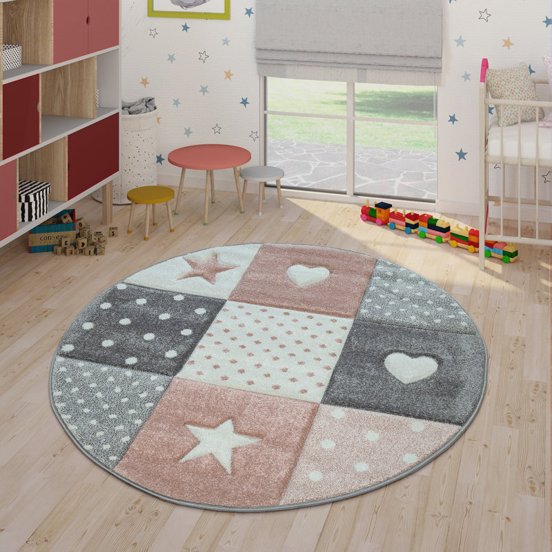 Tapis à motif géométrique Lewin, Rond 6 pi 7 po, Bleu/gris