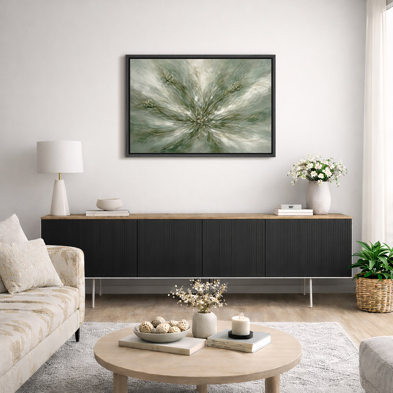 Œuvre d'art floral abstrait abstrait vert botanique, photos de salon élégantes, impression sur toile encadrée, Cadre noir