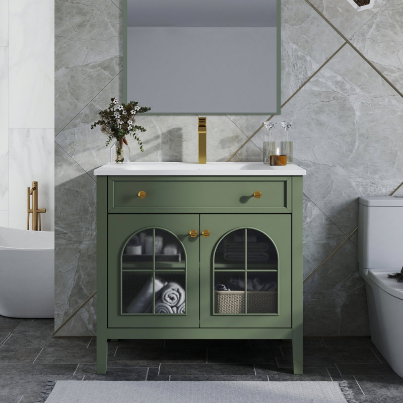 Meuble-lavabo autoportant avec tablette de rangement, Vert