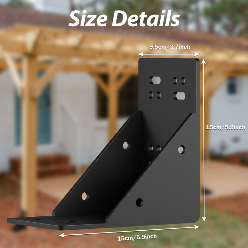 4-Pack Heavy Duty Pergola Corner Brackets, 6" x 6" (15cm x 15cm) Metal Triangle Corner Brace, Black L-Shaped Post Connector for Wood Beams, Gazebo, Patio, Deck & DIY Woodworking
