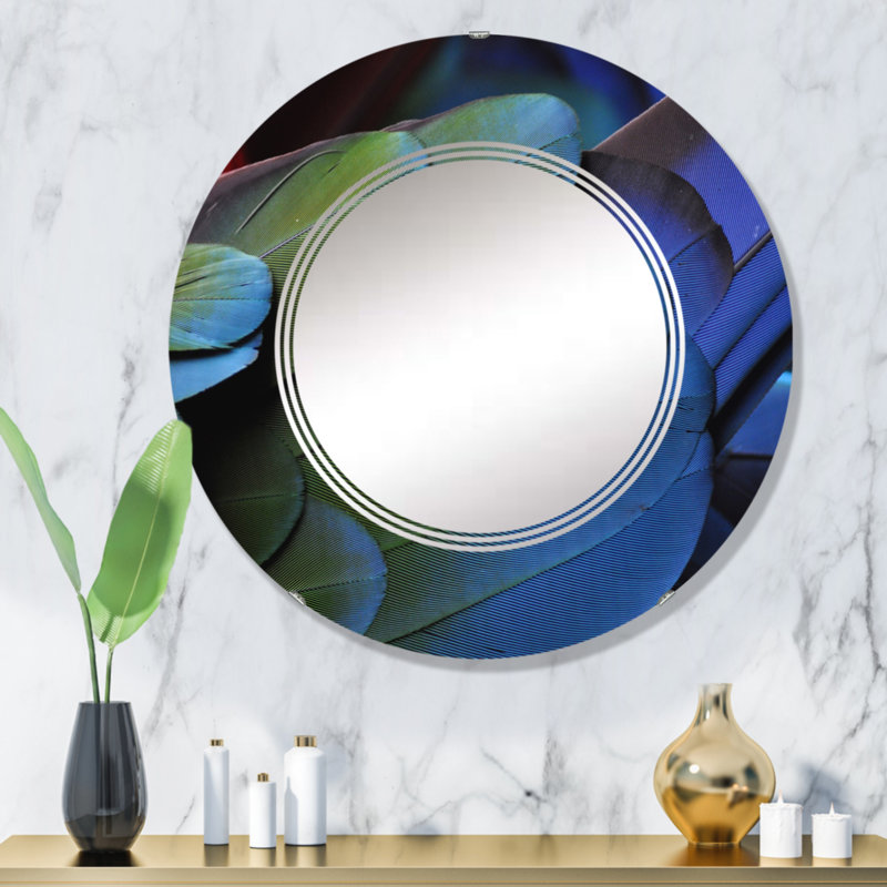 Plumes de perroquet bleues et vertes - Miroir mural traditionnel rond, 32 po x 32 po