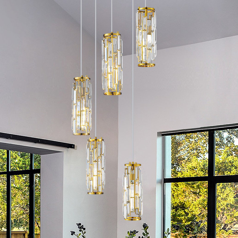 Luminaire suspendu cylindrique à 5 lumières à intensité variable avec accents de cristal, Or, 5 lumières