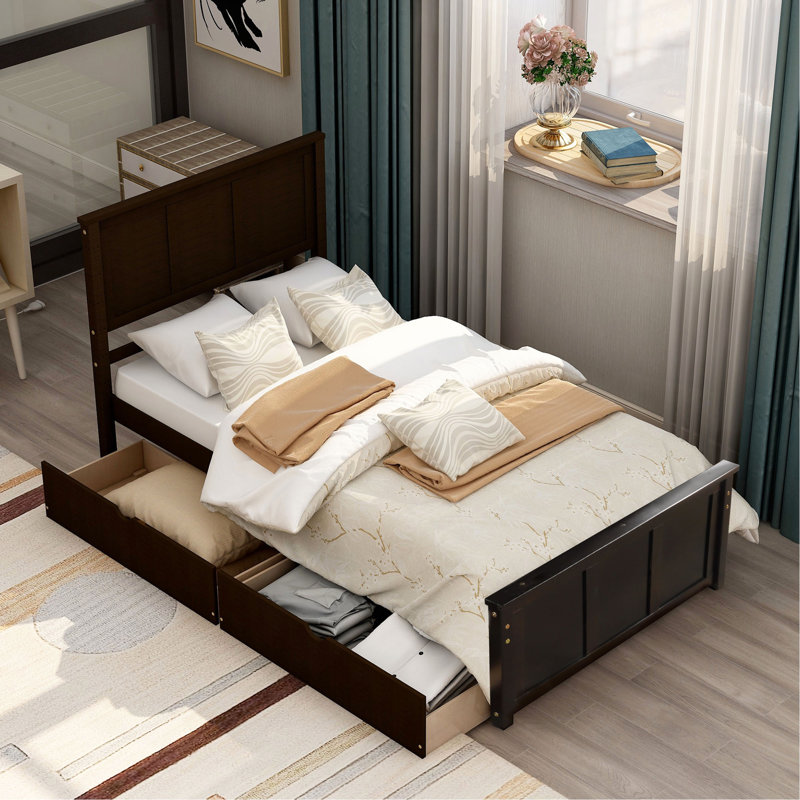 Lit plateforme avec rangement, 2 tiroirs avec roulettes, structure simple, espresso, Espresso