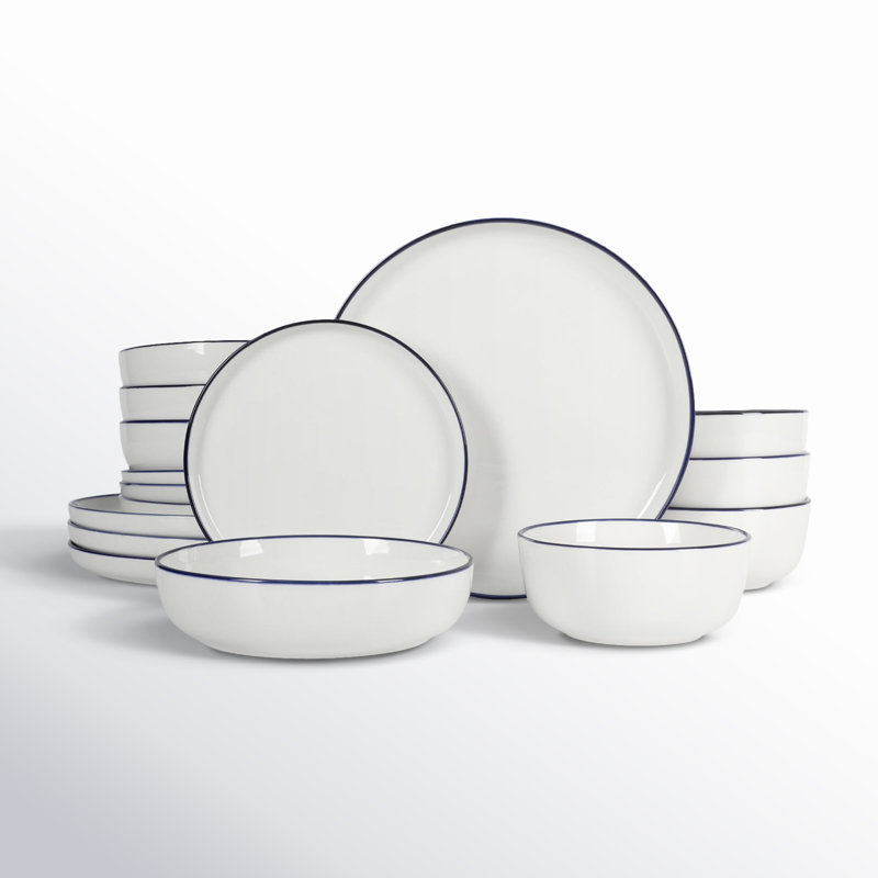 Oslo White Porcelain Dinnerware Set with Blue Rim, Service for 4