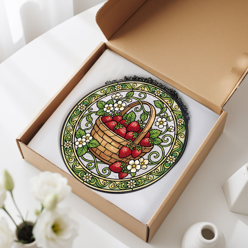 Panneau de vitrail panier Strawberry ， 7,8H, H 7,8 po