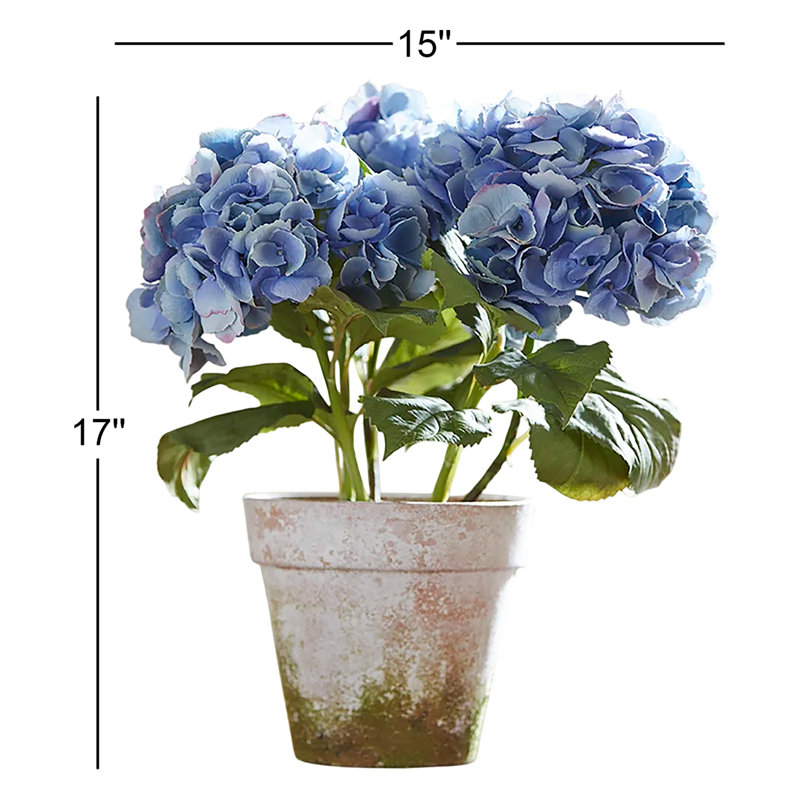 Potted Faux Hydrangea Floral Arrangement, Blue, 17" H x 15" W 