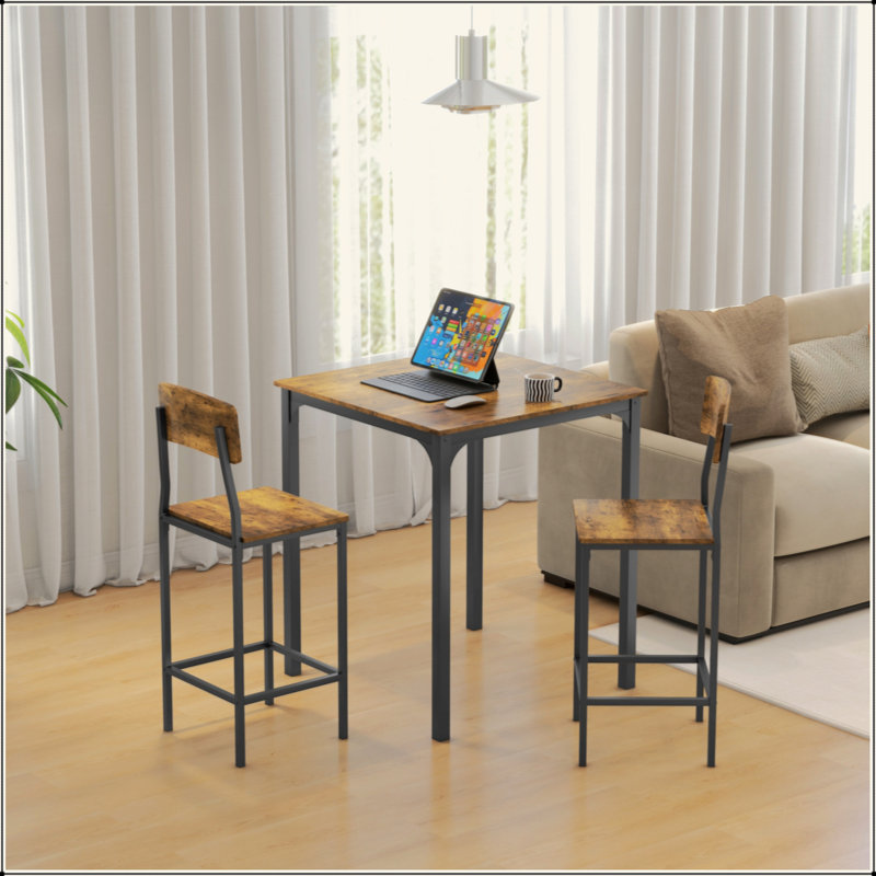 Ensemble de salle à manger 3 pièces à hauteur de comptoir industriel pour 2 - Petite table carrée et tabourets avec structure en acier