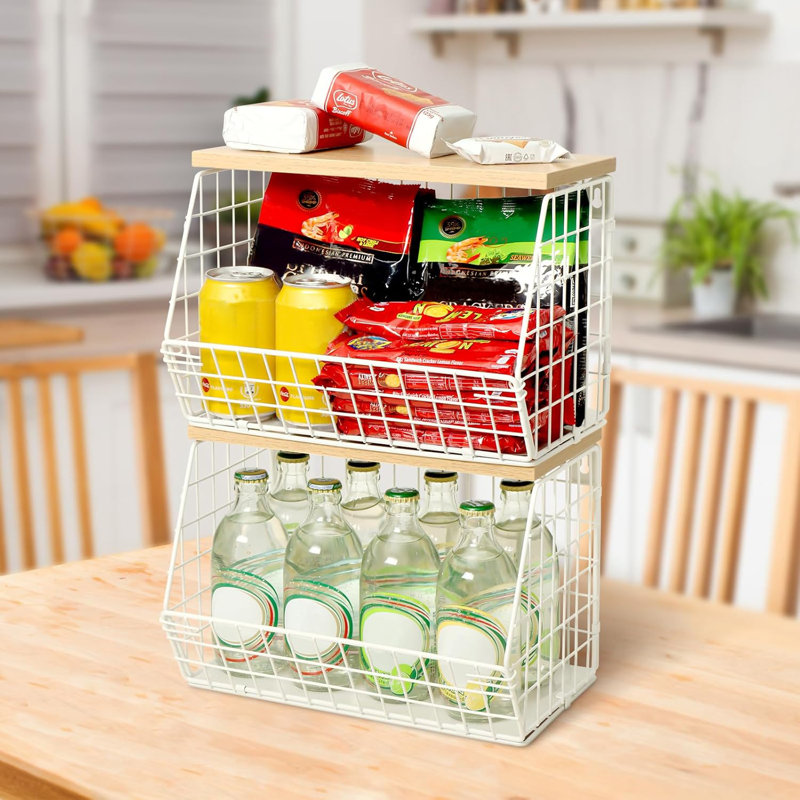 Panier à fruits, bol à fruits à 2 niveaux pour comptoir de cuisine, rangement mural empilable pour fruits, organisateur de collations, panier de rangement pour pommes de terre et oignons, rangement pour garde-manger suspendu avec couvercle en bois, ensemble de 2, blanc