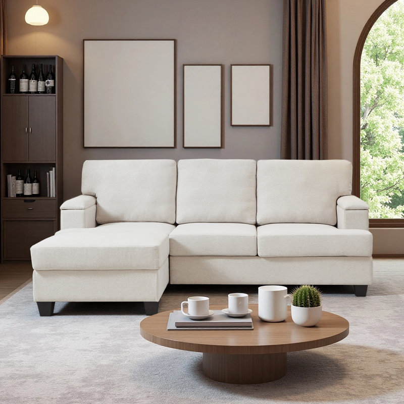 86" Linen Upholstered Sofa with a Movable Storage Ottoman, Underseat Storage and 2 Flip-up Armrests, Beige