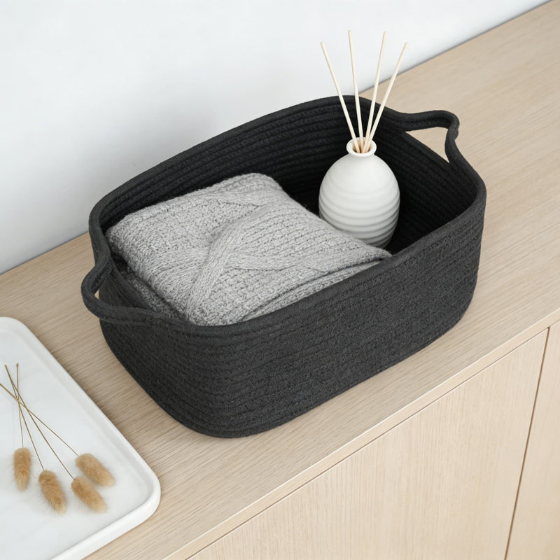 Woven Cotton Rope Storage Basket With Handles, Collapsible Organizer For Shelves, Closet, Nursery, Office & Pet Toys, Black