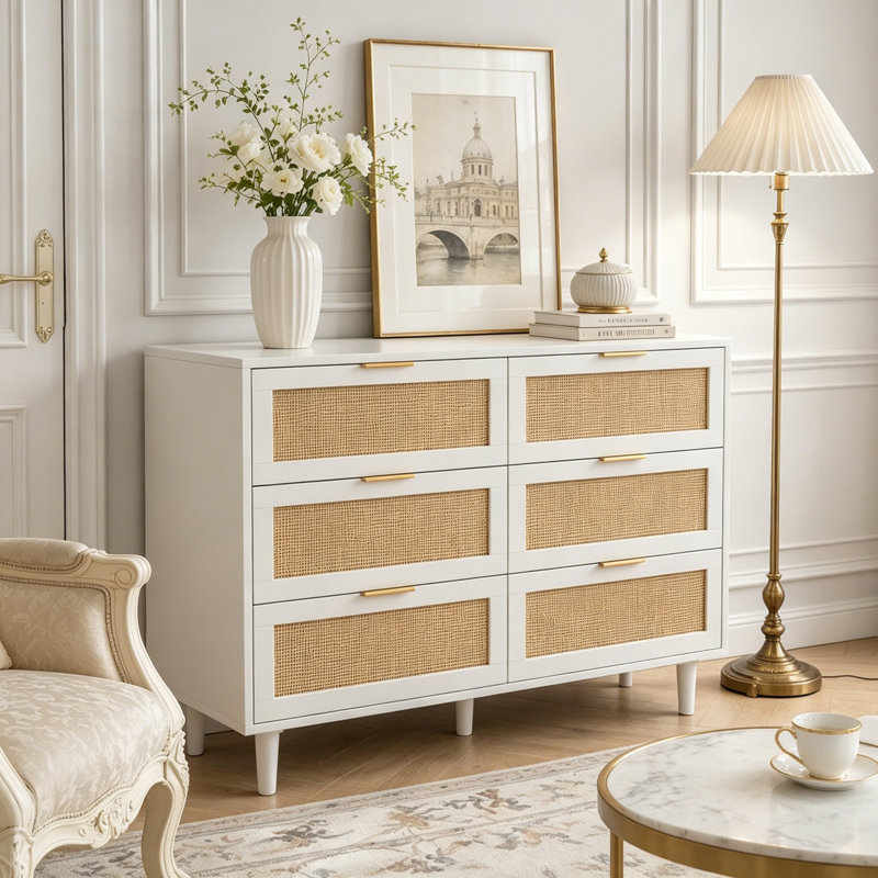 Armoire de rangement en rotin 6 tiroirs, 43.31"W, White