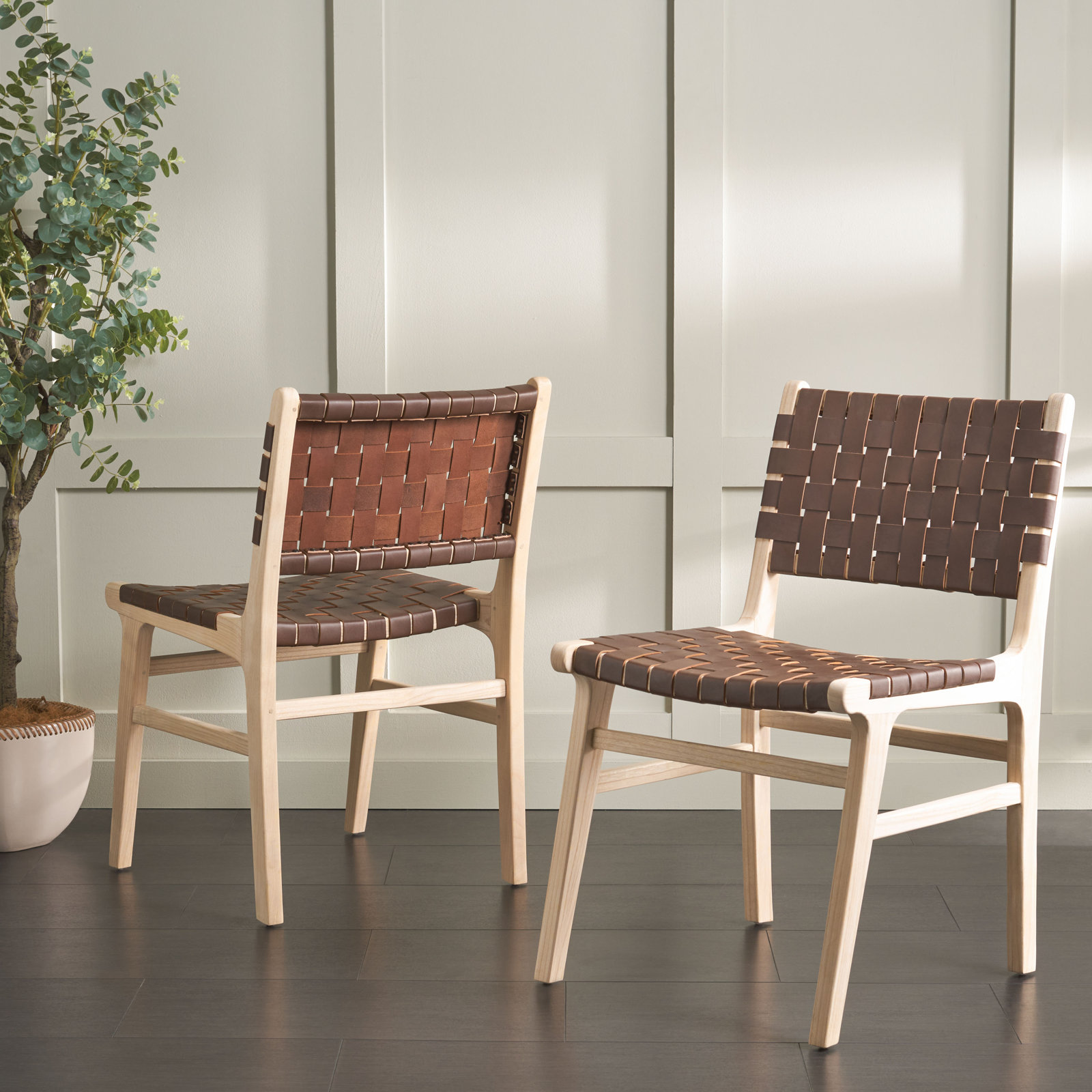 Alston Genuine Leather Side Chair, Cognac/Light Natural