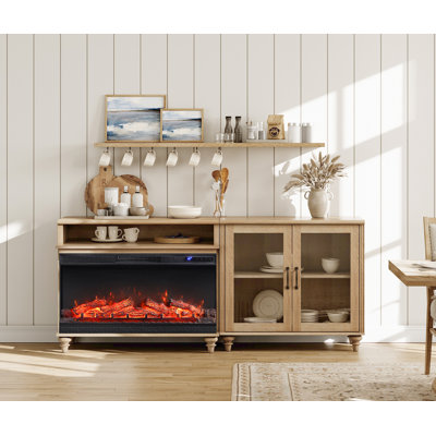 Sideboard Cabinet With 2 Glass Doors, Vintage Wood Grain Design, Buffet Cabinet With With 36" Electric Fireplace, Coffee Bar With Storage, Oak, 71 Inch