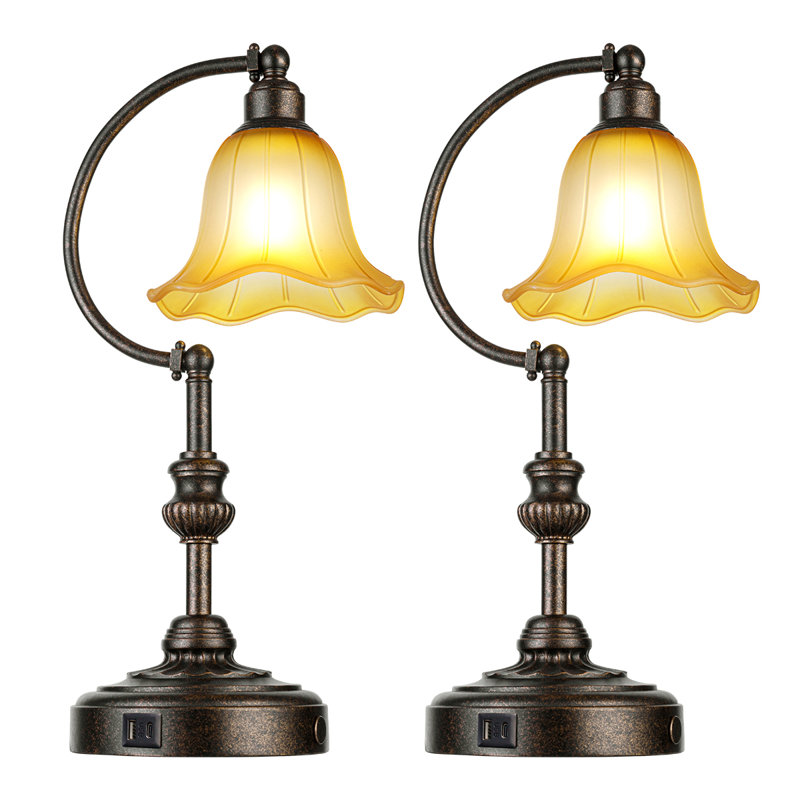 Touch Control Traditional Table Lamp With Glass Shade And USB A+C Charging Ports, Vintage Bronze Metal Base, Set of 2
