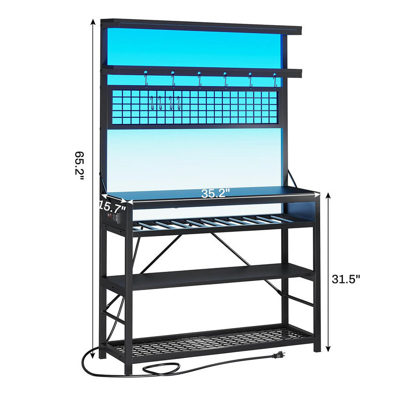 Black Metal 6-Tier Bakers Rack with LED Lights and Power Outlet