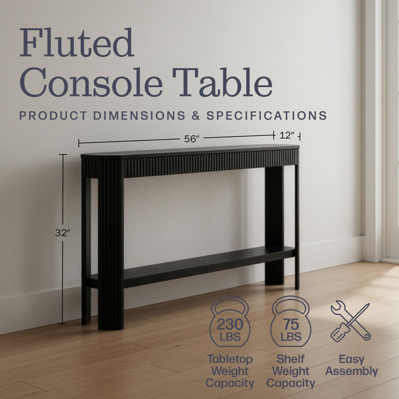 Fluted 56-Inch Console Table with Storage Shelf, Black, Black