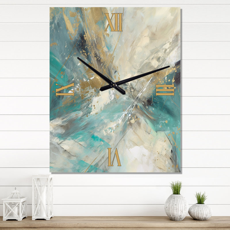 Horloge dorée en or turquoise VI - Horloge murale abstraite surdimensionnée, H 40 po x l 30 po x P 1 po