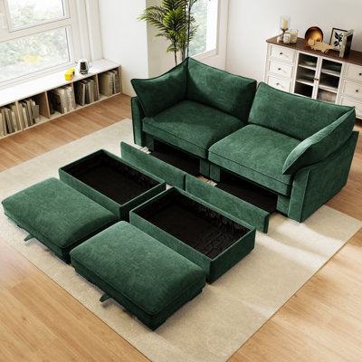 2 - Seat , Pull Out Storage Drawer, Footrest, Space, Integrated Cushions, Crescent Shaped Structure, Piped , Soft Chenille, Various Interior Adaptations Seater With Footrest And Movable , Chenille