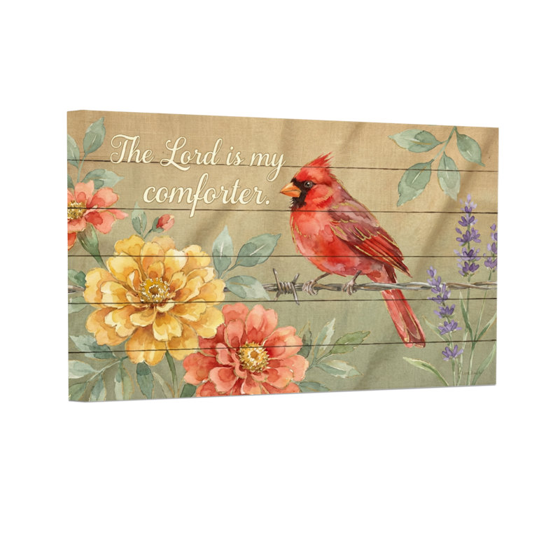 Texte et chiffres Cardinal oiseau sur fond de bois floral, H 24 po x l 36 po