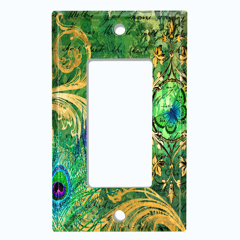 Metal Light Switch Plate Outlet Cover (Peacock Feather Butterfly  - Single Rocker), Green