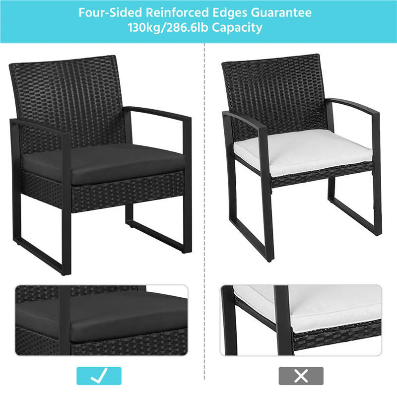 Bowmore 3-Piece Patio Furniture Set with Rattan Cushioned Chairs & Metal Table, Black