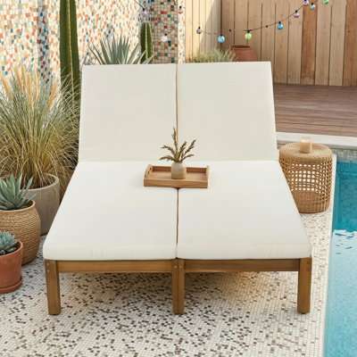Chaise longue double réglable en bois d'acacia pour deux utilisateurs avec coussins