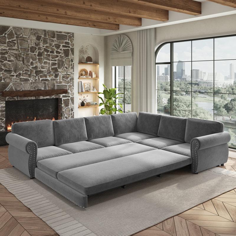Canapé d'angle convertible en L, 3 m (118 po), en chenille, gris clair moderne, Gris 1