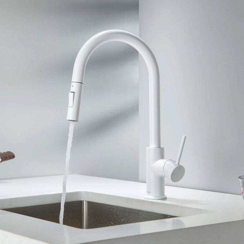 Robinet de cuisine rétractable à poignée simple, Blanc mat